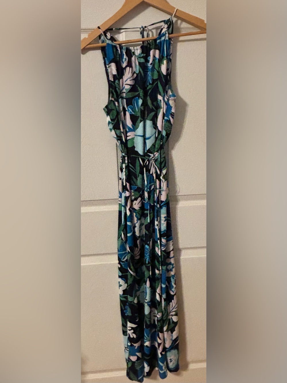LOFT Green, Blue & Cream Floral Maxi Dress with Tie Waist